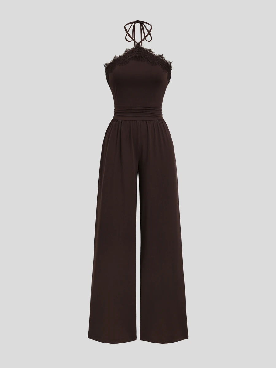 Sweetra Jumpsuit Atasan Halter Neck Cokelat Kopi dan Renda Warna Senada untuk Wanita, Modis dan Elegan, Cocok untuk Perjalanan Sehari-hari - Coffee Brown - View 1