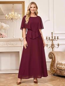 Amorya Women's Elegant Solid Color Round Neck Pullover Cape Sleeve Long Dress - Burgundy - View 8