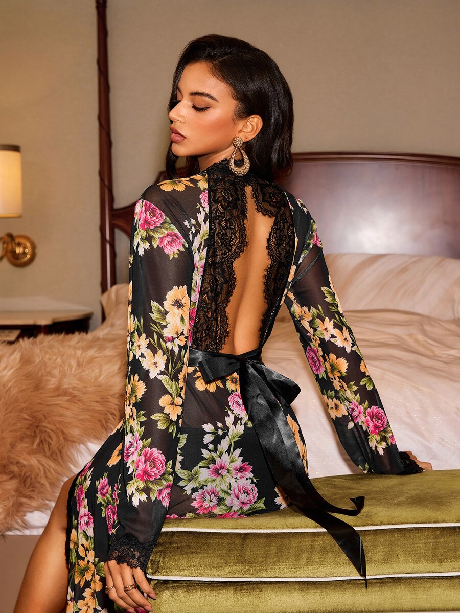 Slumberist Sexy Back Design Floral Mesh Sheer Women's Nightgown - Multicolor - View 1