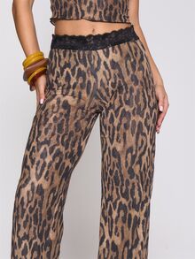 MUSERA Lace Trimmed Waist Leopard Print Mesh Trouser Autumn Winter Fall Coolgirl Holiday Everyday Roadside Renegade - Multicolor - View 4