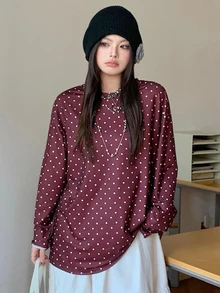 Dazy Plus Korean Style Polka Dot Loose Casual Versatile Brown Long Sleeve T-Shirt - Brown - View 4