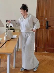 Dazy Plus Contrast Color Letter Korean Style Casual Long Knit Skirt - Grey - View 4