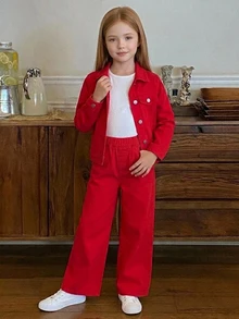 Hapijoa Tween Girl Button Long Sleeve Jacket And Loose Long Pants Denim Set - Red - View 7