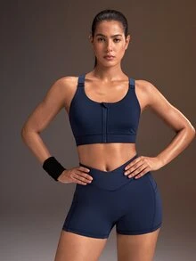 Powerista Bra Olahraga Wanita Motif Blok Warna dengan Potongan di Bagian Belakang untuk Aktivitas Harian - Navy Blue - View 2