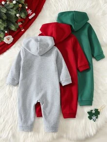 SHEIN 男嬰秋冬基礎簡約紅色、綠色、灰色抓絨內裡加厚連身衣，適合假期、聖誕節、萬聖節 - 彩色 - 查看 2