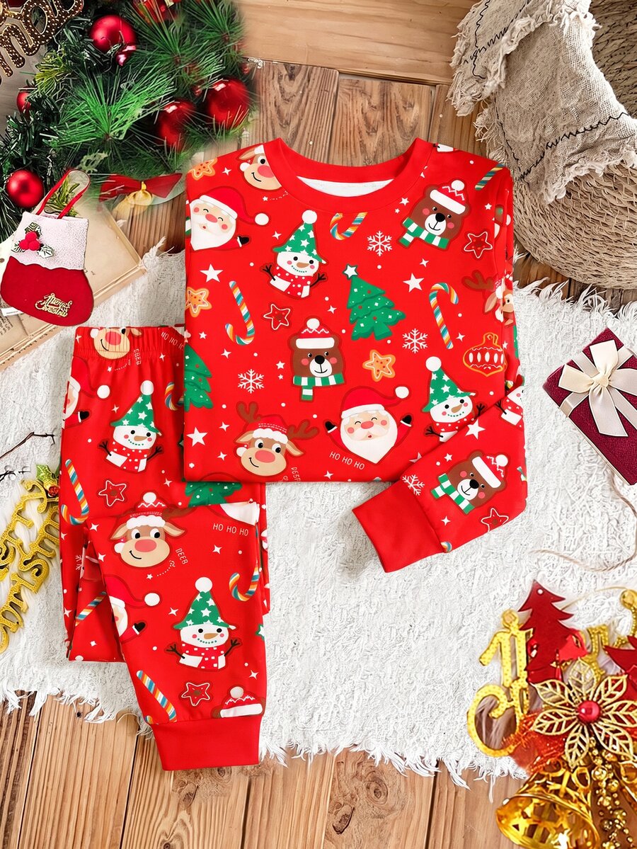 Young Boy Classic Casual Long Sleeve Long Pants Snug Fit Loungewear, Classic Christmas Pattern Print, Classic Christmas Deer Pattern Print, Classic Santa Claus Pattern Print, Christmas Gift Pattern Print, Cartoon Christmas Tree Pattern Print, Classic Christmas Snowflake Pattern Print, Suitable For Autumn/Winter, Suitable For Christmas - Multicolor - View 1