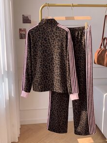 SHEIN EZwear 大尺碼女款豹紋拼色長袖上衣與長褲休閒日常套裝 - 彩色 - 查看 2