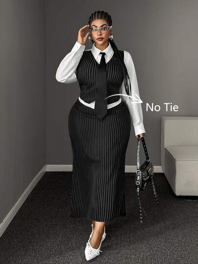 Maweii Plus Size Women's Autumn/Winter Black With White Fine Vertical Stripe Short 2 In 1 Long Sleeve Shirt And Long Skirt Set, High Waist Slit Straight Skirt With Waist-Cinching Design To Look Taller, Suitable For Commuting, Office, Street, Shopping, Evening Party And Multiple Occasions, Vintage, Professional And Versatile For All Body Types
