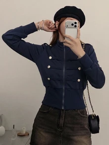 DAZY 女款小立領長袖短版宮廷風宴會開襟運動衫 - 藏蓝色 - 查看 5