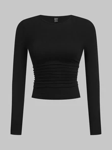 SHEIN EZwear 多色針織女款修身T恤 - 酒紅色 - 查看 10