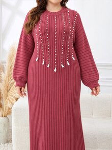 Lacomfia Plus Size Women's Faux Pearl Decor Patchwork Tassel Design Round Neck Long Sleeve Elegant Knit Dress - Red Violet - View 4
