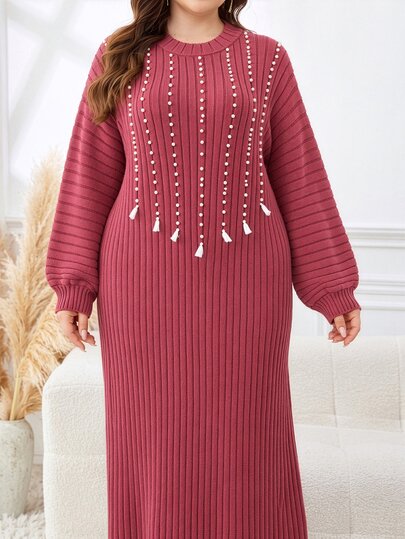 Lacomfia Plus Size Women's Faux Pearl Decor Patchwork Tassel Design Round Neck Long Sleeve Elegant Knit Dress
