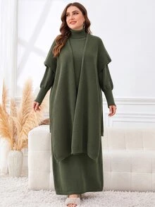 Lacomfia Plus Size Women Solid Color Batwing Sleeve Knit Cardigan And High Neck Long Sleeve Knit Dress Set - Green - View 1