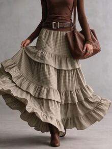 INAWLY Solva Women's Plaid Pleated Casual Versatile Skirt - Khaki - View 3