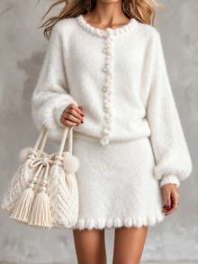 SHEIN Women's Autumn/Winter Knitted Set, Solid Color Ruffle Trim Vintage Elegant French Style Cardigan And Skirt 2 Pieces Outfit - White - View 1