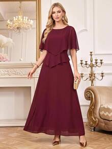 Amorya Women's Elegant Solid Color Round Neck Pullover Cape Sleeve Long Dress - Burgundy - View 10