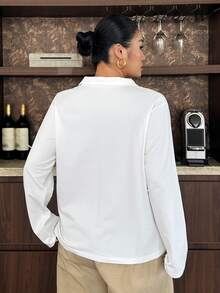 Dazy Plus Minimalist Half-Button Front Casual White Long Sleeve Versatile T-Shirt - White - View 2