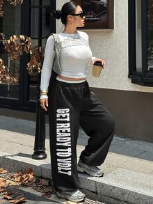 Dazy Plus Blogger Casual Street Style Letter Print Loose Long Sweatpants - Black - View 4