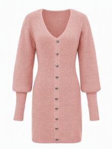 Balvessa Gaun Sweater Pendek Bodycon Berlapis Lengan Lentera Berkerah V Baru untuk Wanita dengan Dekorasi Kancing Logam, Gaya Komuter Serbaguna untuk Musim Semi, Musim Panas, Musim Gugur, Musim Dingin - Berwarna merah muda - View 4
