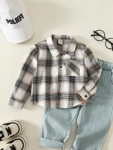 SHEIN Baby Boy Plaid Pattern Turndown Collar Long Sleeve Button-Up Shirt - Brown - View 3