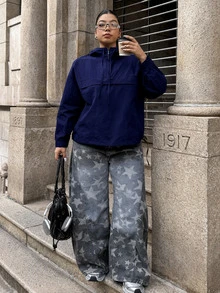 Muchica 大尺碼女款海軍藍休閒半拉鍊抽繩連帽外套，時尚秋季連帽外衣 - 藏蓝色 - 查看 5
