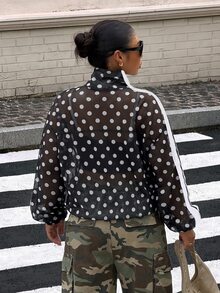 Muchica Plus Size Women's Polka Dot Casual Versatile Long Sleeve Jacket - Black and White - View 2