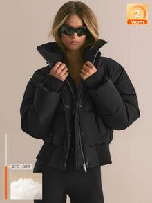 GLOWMODE Soft Matte Chase The Glow Water Repellent Relaxed Fit Bomber Jacket With Knit Collar, Ribbed Cuffs & Metallic Zipper Daily Casual Fall Winter Wear - Black - View 1