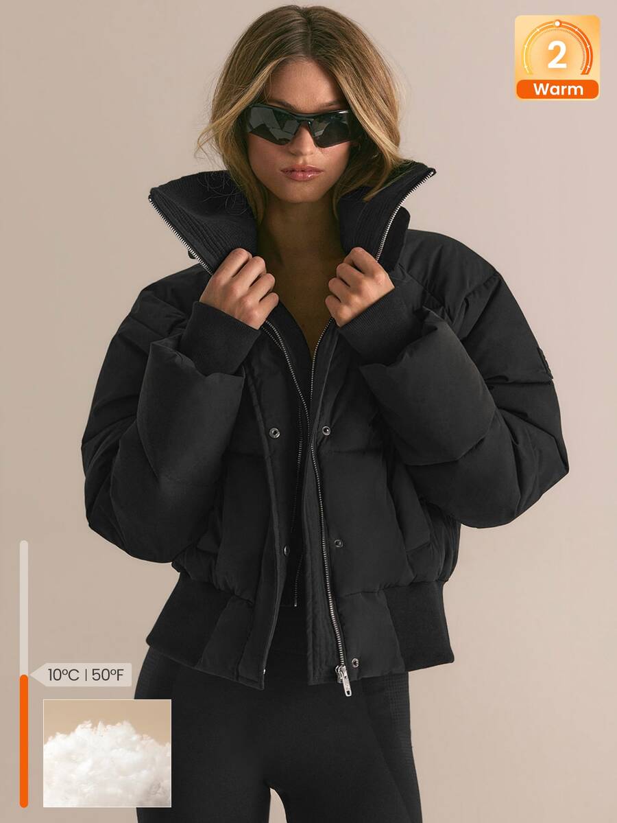 GLOWMODE Soft Matte Chase The Glow Water Repellent Relaxed Fit Bomber Jacket With Knit Collar, Ribbed Cuffs & Metallic Zipper Daily Casual Fall Winter Wear - Black - View 1