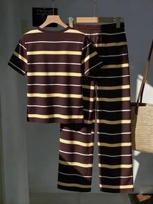 Muvela 女款條紋圓領短袖T恤與長褲休閒套裝 - 彩色 - 查看 2