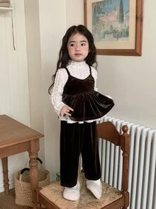 DAZY Baby Girl Solid Color Ruffle Hem Camisole Top And Long Pants Set - Coffee Brown - View 5
