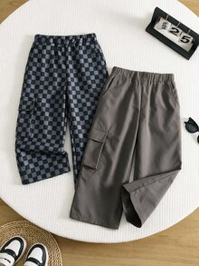 SHEIN 2件組男童休閒運動可愛日常舒適街頭風百搭印花直筒長褲與黑色純色口袋工裝褲，適合外出、上學、日常聚會，四季皆宜 - 彩色 - 查看 6