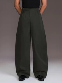 STYNVO Men's Solid Color Metal Buckle Waist Design Wide Leg Long Pants With Pockets - Dark Grey - View 5