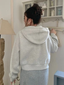 Dazy Plus Thermal Lined Thick Korean Style Hooded Short Fuzzy Sweatshirt - Grey - View 2