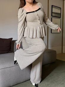 Dazy Plus Plus Size Women's Contrast Trim Ruffle Hem Top And Wide Leg Pants Sweet Elegant 2 Pieces Set Party Formal Beige Grey Fall - Apricot - View 6