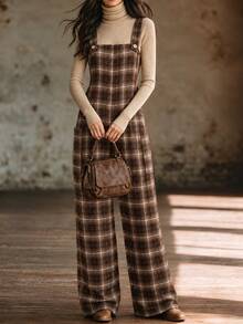 SHEIN Plaid Loose Retro Casual Versatile Autumn/Winter Long Overalls Jumpsuit For Women - Coffee Brown - View 3
