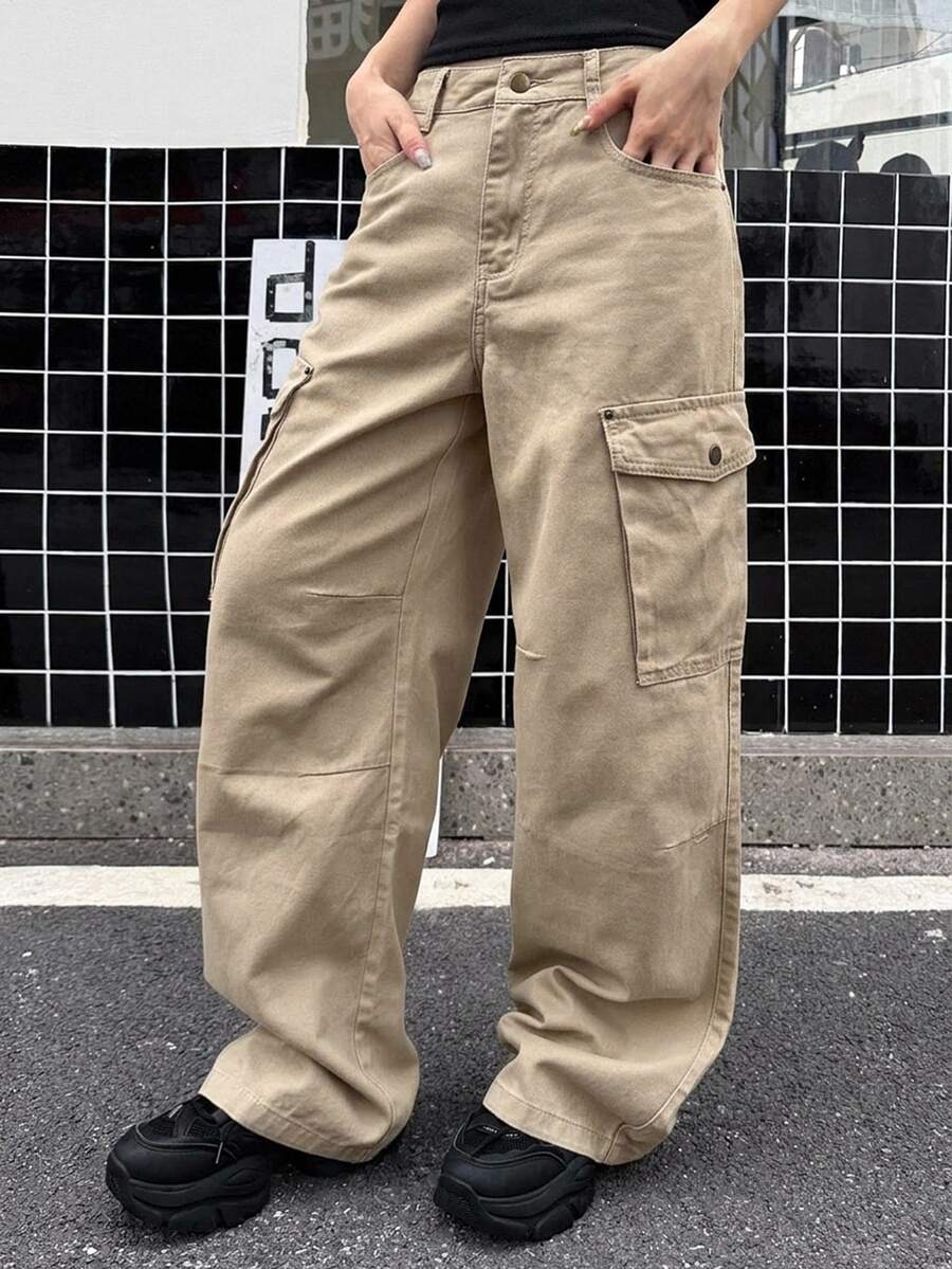 DAZY 純色寬鬆工裝褲休閒街頭風夏季女款牛仔褲 - 卡其色 - 查看 1