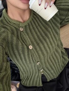POPSWAY Cardigan Sweater Lengan Panjang Wanita Ukuran Plus Kasual Warna Hijau Bergaris Asimetris Kancing Tunggal - Hijau - View 1