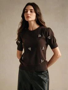Anewsta 女款秋冬深棕色優雅花瓣袖鑲鑽針織上衣，早午餐穿搭、海灘度假穿搭、派對約會晚裝襯衫 - 咖啡棕 - 查看 6