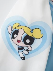THE POWERPUFF GIRLS X SHEIN Tween Girl Letter Cartoon Print Baseball Collar Jacket - Multicolor - View 8