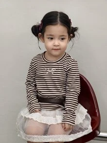DAZY Baby Girl Round Neck Striped Bow Embroidery Long Sleeve Top - Black and White - View 3