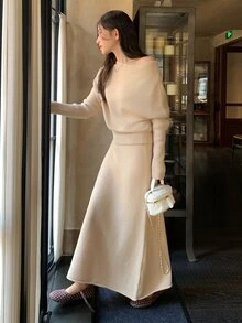 DAZY Women's Asymmetrical Shoulder Long Sleeve Sweater And Knit Mermaid Skirt Elegant 2 Pieces Set - Khaki - View 3