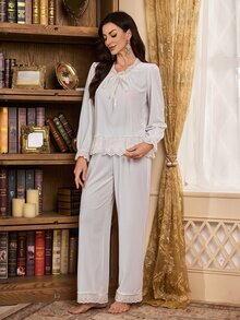 PalaceNights Women's Autumn/Winter Velvet Royal Style Embroidered Lace Tie Long Sleeve Pajama Set - White - View 6