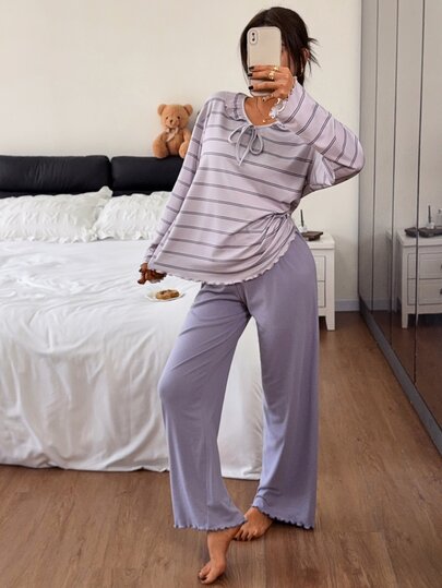 DAZY Women's Frill Trim Striped Top And Lettuce Edge Long Pants Pajama Set