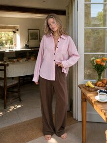 DAZY Autumn/Winter Minimalist Loose Relaxed Fit Shirt Style Women's Loungewear Set - Pink - View 6
