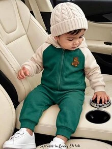 Cozy Pixies 男童連帽衛衣與長褲套裝 2 件組 卡通熊圖案拼色插肩袖長袖冬季外套 鬆緊腰長褲 保暖內裡磨毛厚實面料 適合冬季 - 彩色 - 查看 1