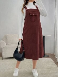 SHEIN 孕婦復古口袋簡約連身裙，適合日常穿著 - 紅木色 - 查看 4