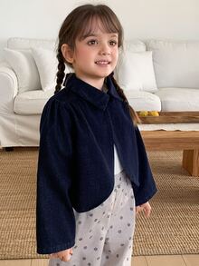 Hapijoa Young Girl Vacation Pleated Long Sleeve Denim Jacket Weekend Outing - Dark Wash - View 3