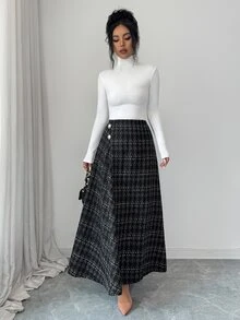Elenzga Women's Autumn/Winter Vintage Plaid Tweed Skirt With Metal Buttons, Asymmetric Front Placket, Draped A-Line Silhouette - Black and White - View 4