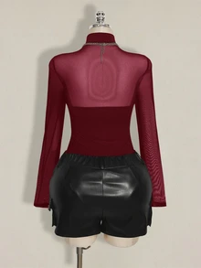 SHEIN ICON 大尺碼 Y2K 性感網紗拼接連身衣 - 酒紅色 - 查看 2