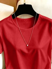 SHEIN European And American New Fashion Contrast Lace Asymmetrical Hem Crew Neck Design Short Sleeve Casual Women's T-Shirt, Women's Spring/Summer T-Shirt, Short Sleeve Top, Spring Clothing, Summer Outfit, Vacation, Outing, Y2K, Spring, Summer, Back To School, Casual, Beach, Business, Versatile, Sexy, Women's Black T-Shirt - Red - View 5